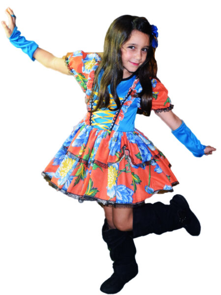 VESTIDO DE FESTA JUNINA CAIPIRA INFANTIL COM LUVA E FITAS DE CABELO LARANJA