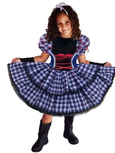 VESTIDO DE FESTA JUNINA CAIPIRA INFANTIL COM LUVA E FITAS DE CABELO