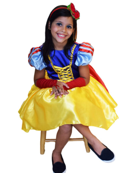 FANTASIA PRINCESA BRANCA DE NEVE CURTO + LUVA + CAPA INFANTIL