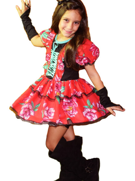 VESTIDO DE FESTA JUNINA CAIPIRA INFANTIL COM LUVA E FITAS DE CABELO PRETO E VERMELHO