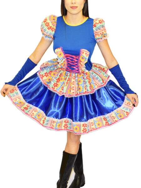 VESTIDO DE FESTA JUNINA CAIPIRA ADULTO COM LUVA E LAÇO DE CABELO AZUL - COLORIDO