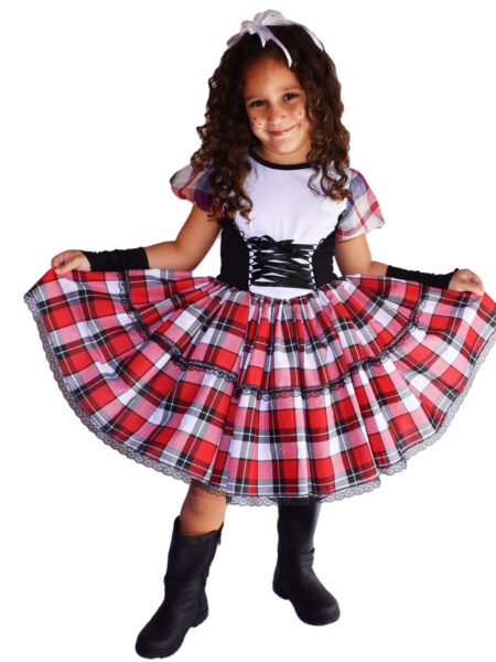 VESTIDO DE FESTA JUNINA CAIPIRA INFANTIL COM LUVA E FITAS DE CABELO PRETO - XADREZ