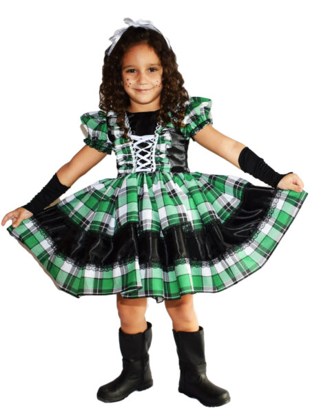 VESTIDO DE FESTA JUNINA CAIPIRA INFANTIL COM LUVA E FITAS DE CABELO VERDE - XADREZ