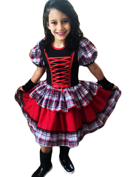 VESTIDO DE FESTA JUNINA CAIPIRA INFANTIL COM LUVA E FITAS DE CABELO