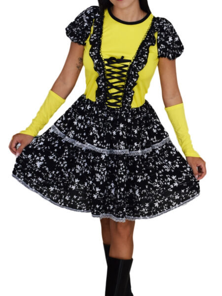 VESTIDO DE FESTA JUNINA CAIPIRA ADULTO PRETO AMARELO