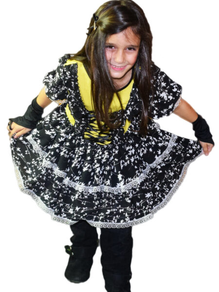 VESTIDO DE FESTA JUNINA CAIPIRA INFANTIL COM LUVA E FITAS DE CABELO PRETO AMARELO