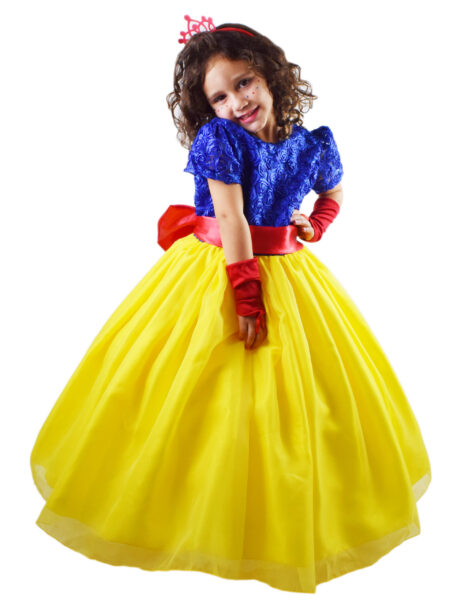 VESTIDO PRINCESA BRANCA DE NEVE DE LUXO COM FAIXA TIARA E LUVA