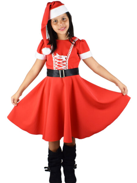 VESTIDO MAMÃE NOEL INFANTIL COM GORRO VERMELHO