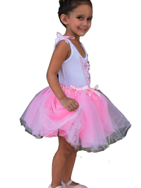 FANTASIA BAILARINA BONECA SAIA TUTU ROSA E BODY BRANCO INFANTIL